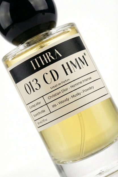 Close-up of 013 CD HMM perfume by Ithra, iris woody musky powdery extrait de parfum available in 50ml and 100ml