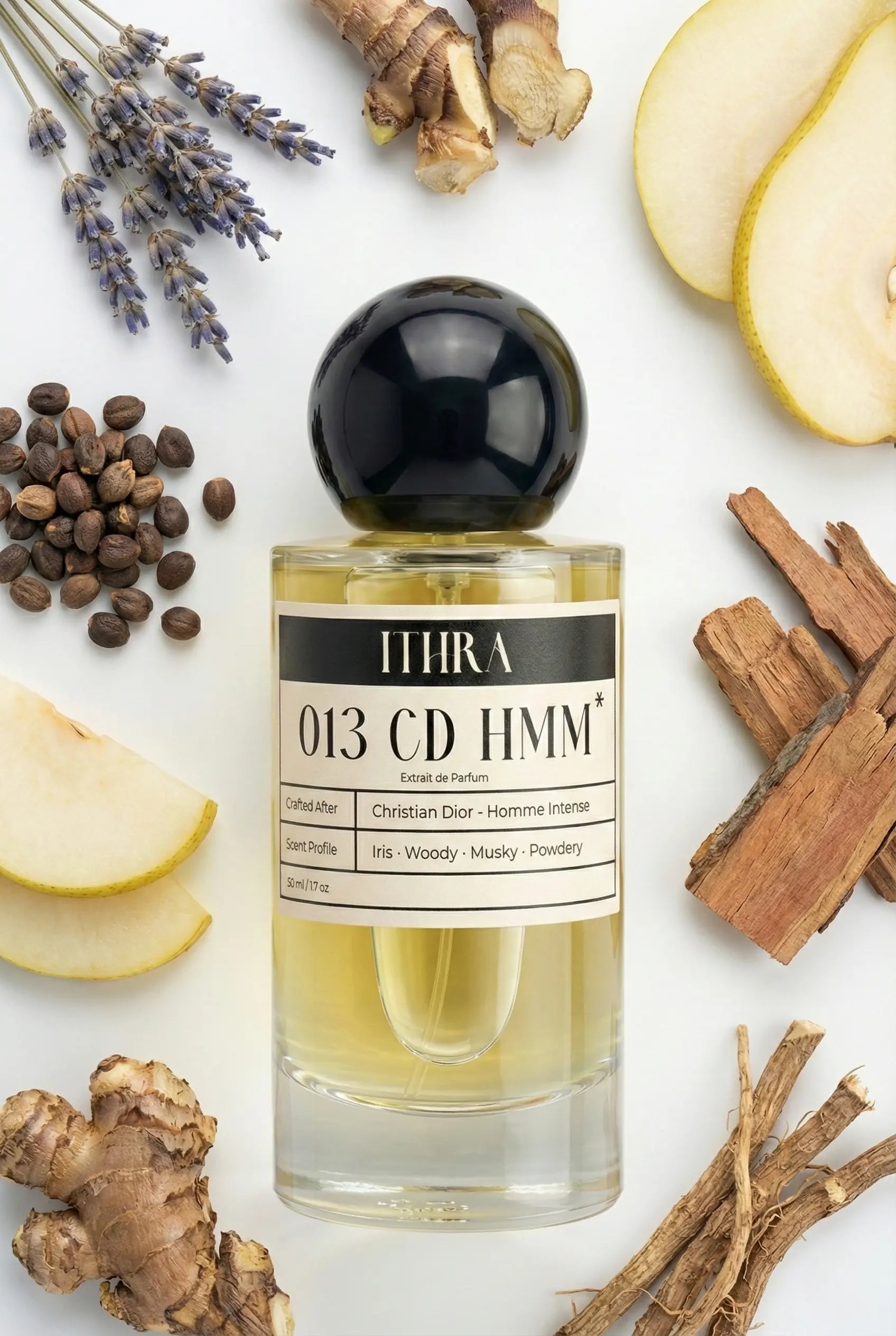 013 CD HMM perfume bottle styled with spicy, woody, floral, and powdery fragrance ingredients, vibrant, balanced, soft and alluring notes