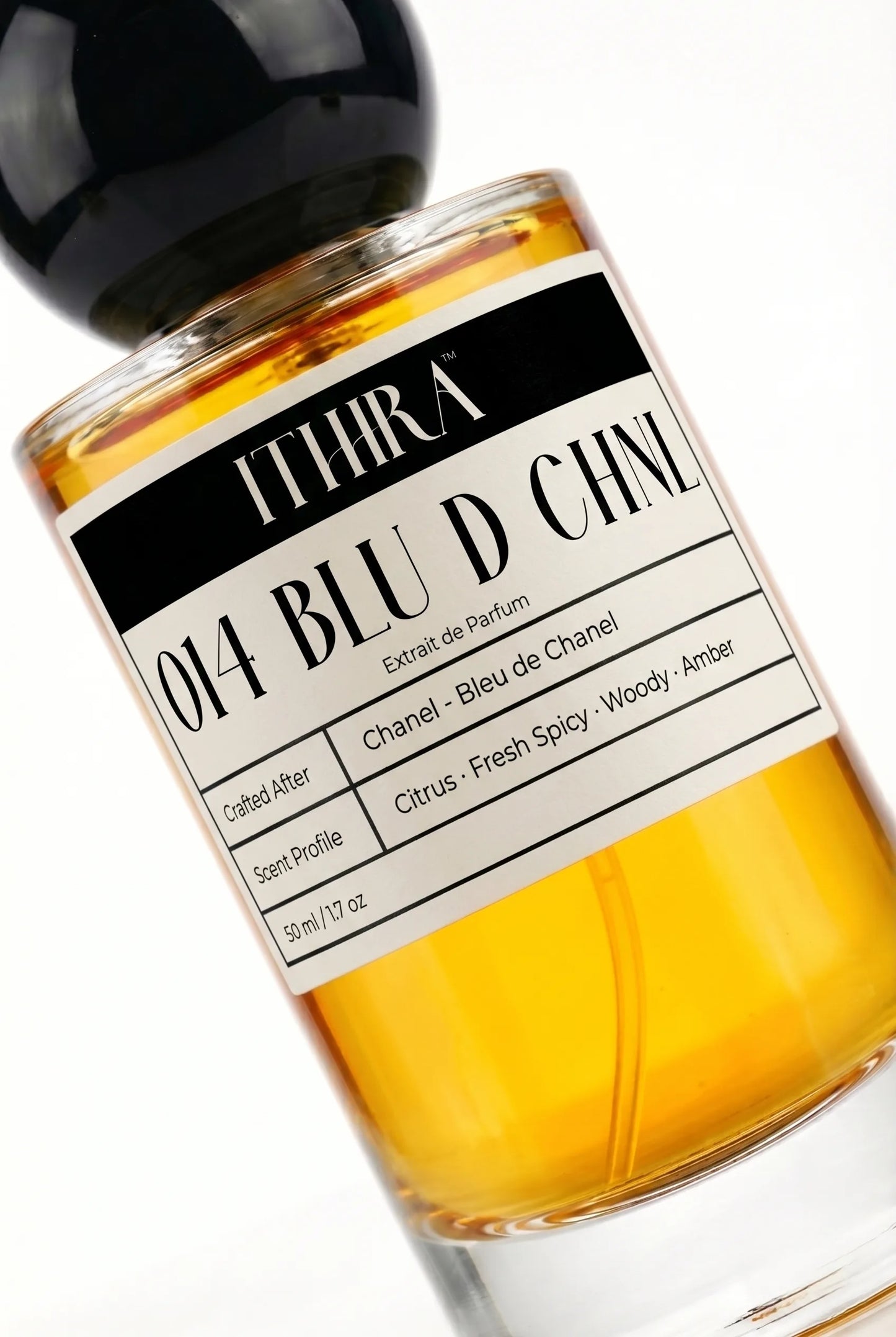Close-up of 014 BLU D CHNL perfume by Ithra, citrus fresh spicy woody amber, available in 50ml and 100ml