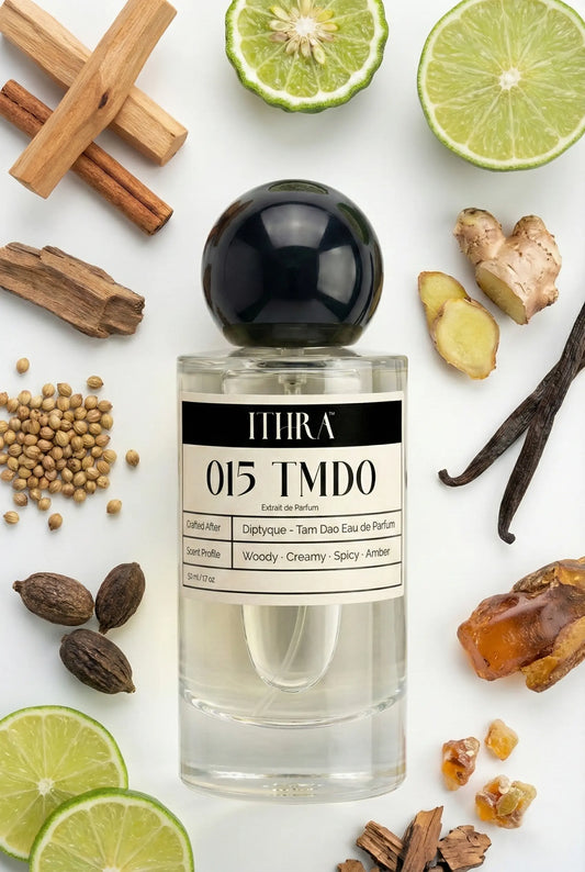 015 TMDO perfume bottle styled with warm wood, amber, and creamy fragrance ingredients, comforting, rich, earthy and refined notes