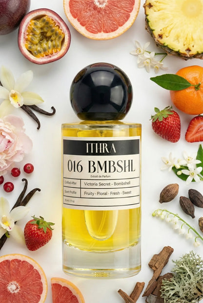 016 BMBSHL perfume bottle styled with sweet amber and fresh floral fragrance ingredients, vibrant, uplifting, soft and alluring notes