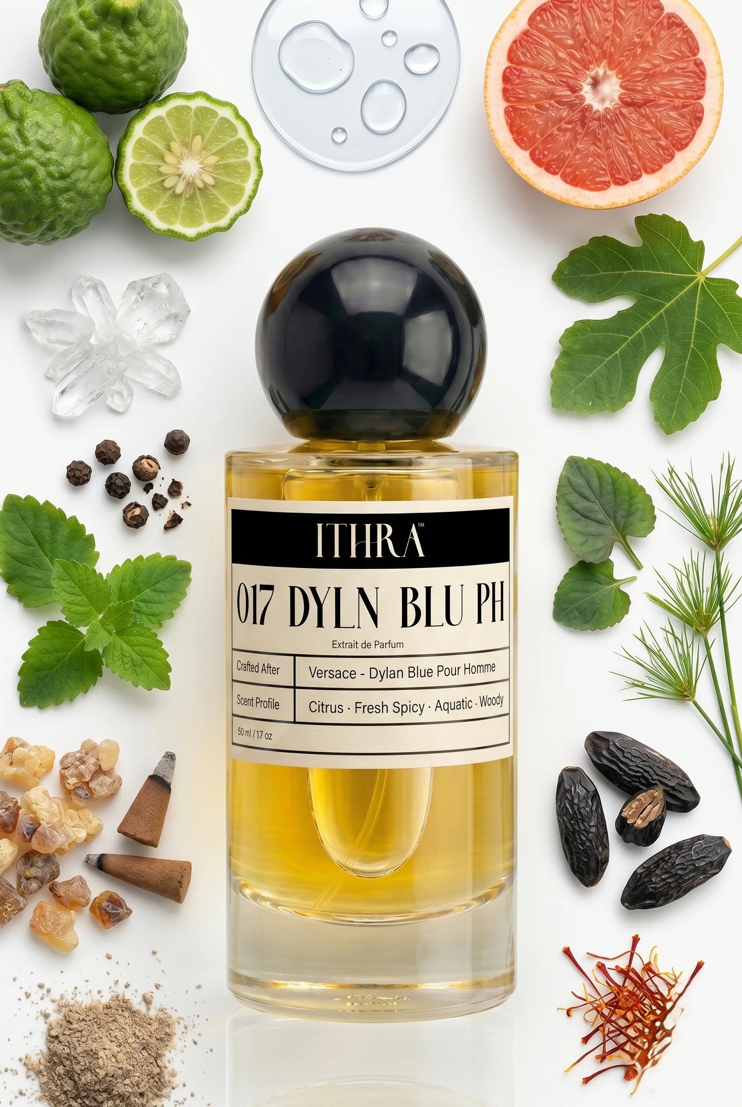 017 DYLN BLU PH perfume bottle styled with bergamot, grapefruit, black pepper and tonka fragrance ingredients, grounding, fresh and radiant notes