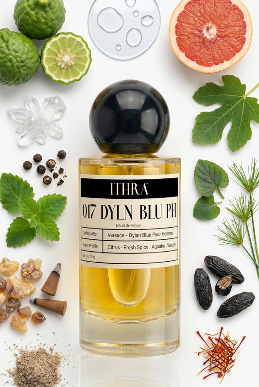 017 DYLN BLU PH perfume bottle styled with bergamot, grapefruit, black pepper and tonka fragrance ingredients, grounding, fresh and radiant notes