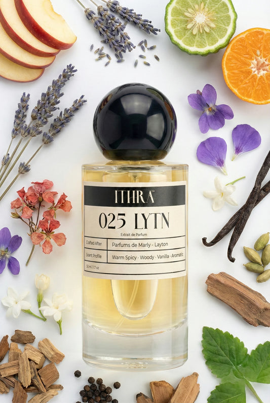 025 LYTN perfume bottle styled with apple lavender bergamot jasmine vanilla cardamom sandalwood patchouli fragrance note ingredients, warm, vibrant, deep and sensual notes