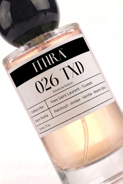 Close-up of 026 TXD perfume by Ithra, patchouli rose amber warm spicy vanilla, available in 50ml and 100ml