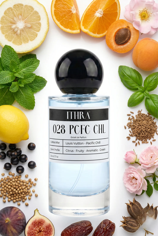 028 PCFC CHL perfume bottle styled with citron, mint, apricot and fig fragrance ingredients, airy, fresh and radiant notes