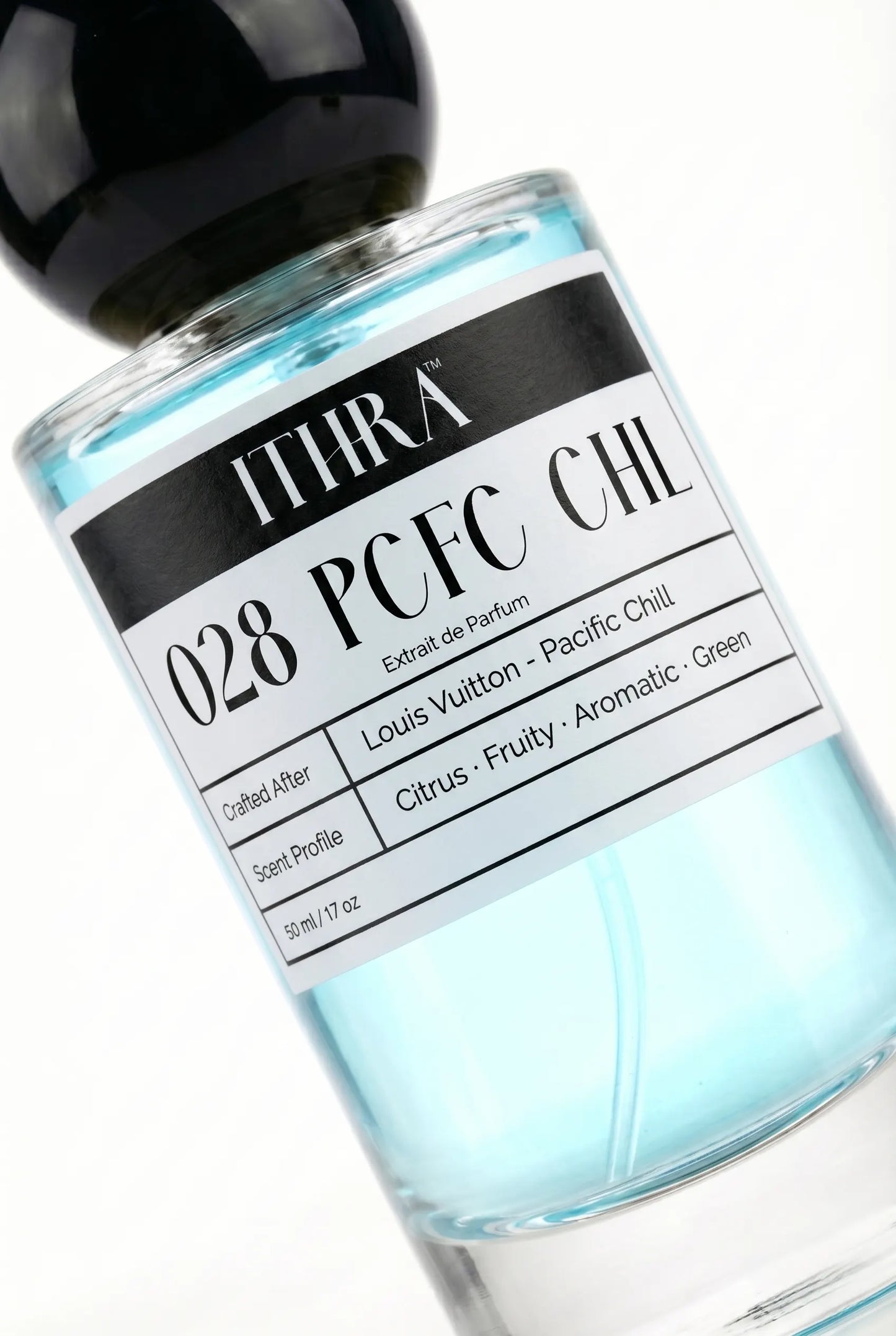 Close-up of 028 PCFC CHL perfume by Ithra Perfumes, citrus fruity aromatic green, available in 50ml and 100ml