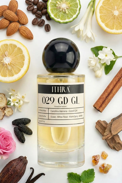 029 GD GL perfume bottle styled with warm amber, sweet floral fragrance ingredients, comforting, inviting, soft and alluring notes