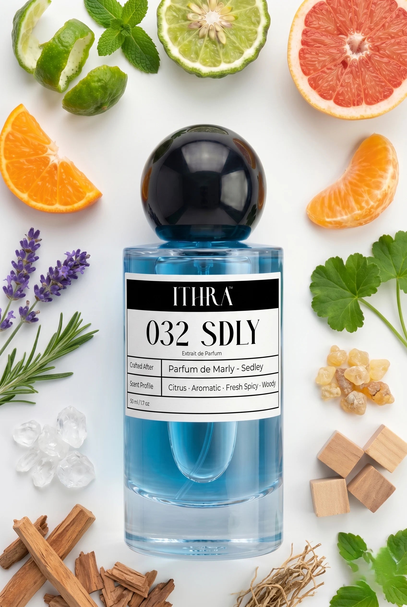 032 SDLY perfume bottle styled with lemon, mint, lavender and vetiver fragrance ingredients, crisp, herbaceous, fresh and radiant notes
