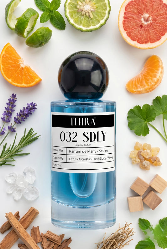 032 SDLY perfume bottle styled with lemon, mint, lavender and vetiver fragrance ingredients, crisp, herbaceous, fresh and radiant notes