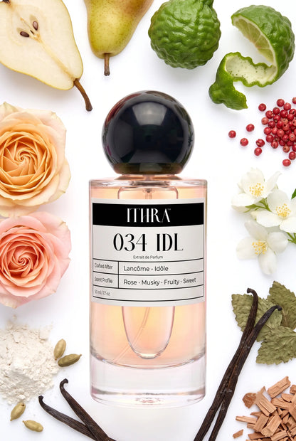 034 IDL perfume bottle styled with pear, rose, jasmine and vanilla musk fragrance ingredients, floral, soft and alluring notes