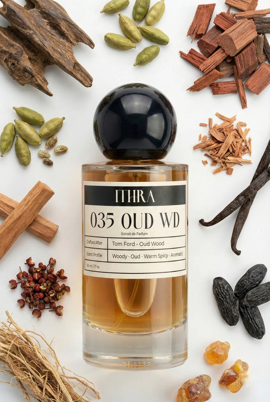 035 OUD WD perfume styled with woody aromatic and vanilla fragrance ingredients, rich, earthy, deep and sensual notes 
