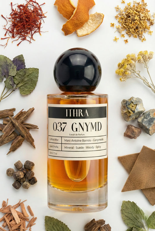 037 GNYMD perfume bottle styled with saffron mandarin osmanthus immortelle suede cedar patchouli fragrance note ingredients, textured, modern, earthy and refined notes