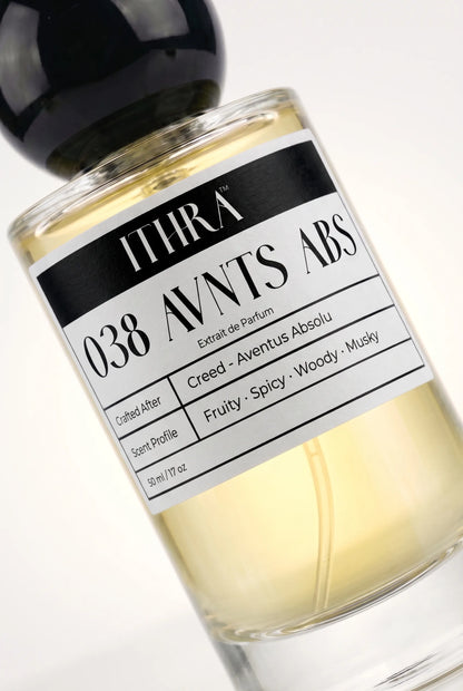 Close-up of 038 AVNTS ABS perfume by Ithra, fruity spicy woody musky, available in 50ml and 100ml