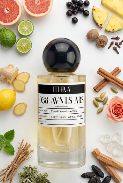 038 AVNTS ABS perfume bottle styled with pineapple, cardamom, patchouli and sandalwood fragrance ingredients, vibrant, resinous, earthy and refined notes