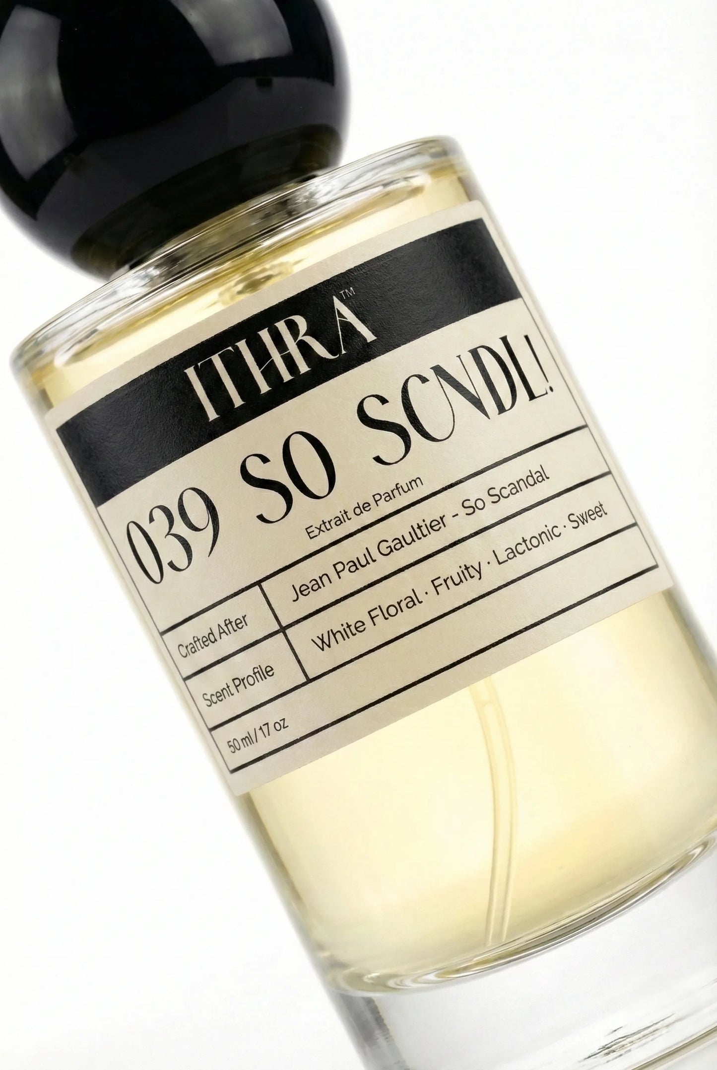 Close-up of 039 SO SCNDL perfume by Ithra, white floral fruity lactonic sweet extrait de parfum, available in 50ml and 100ml
