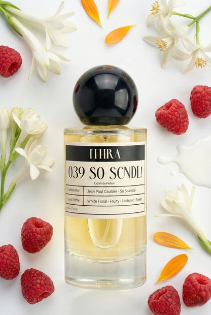 039 SO SCNDL perfume bottle styled with sweet fruity and lactonic fragrance ingredients, fresh, lively, soft and alluring notes