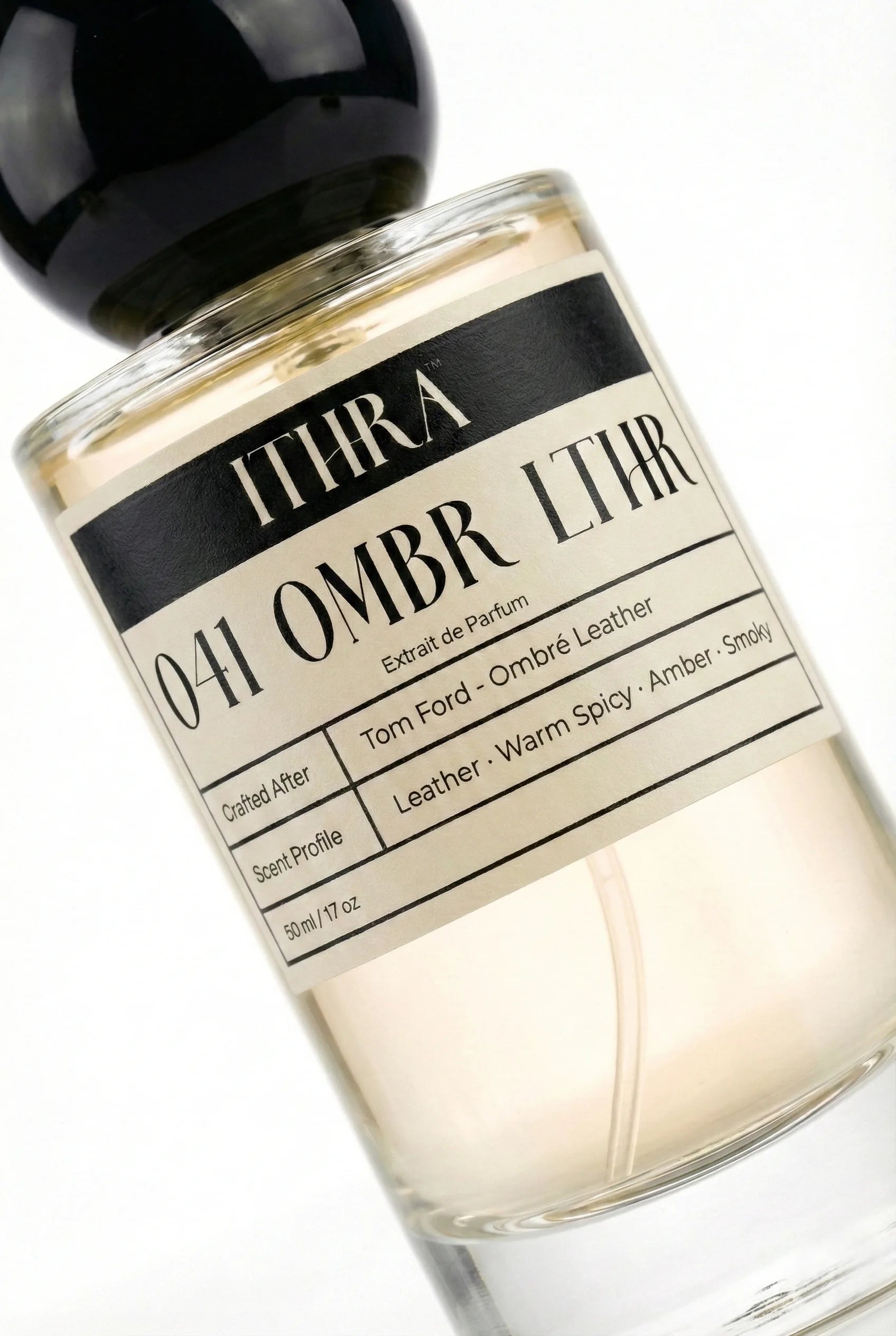 Close-up of 041 OMBR LTHR perfume by Ithra, leather warm spicy amber smoky perfume, available in 50ml and 100ml