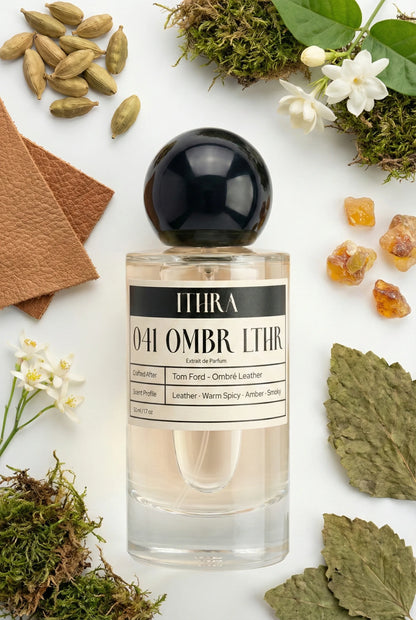041 OMBR LTHR perfume bottle styled with leather, woody, and amber fragrance ingredients, textured, deep and sensual notes