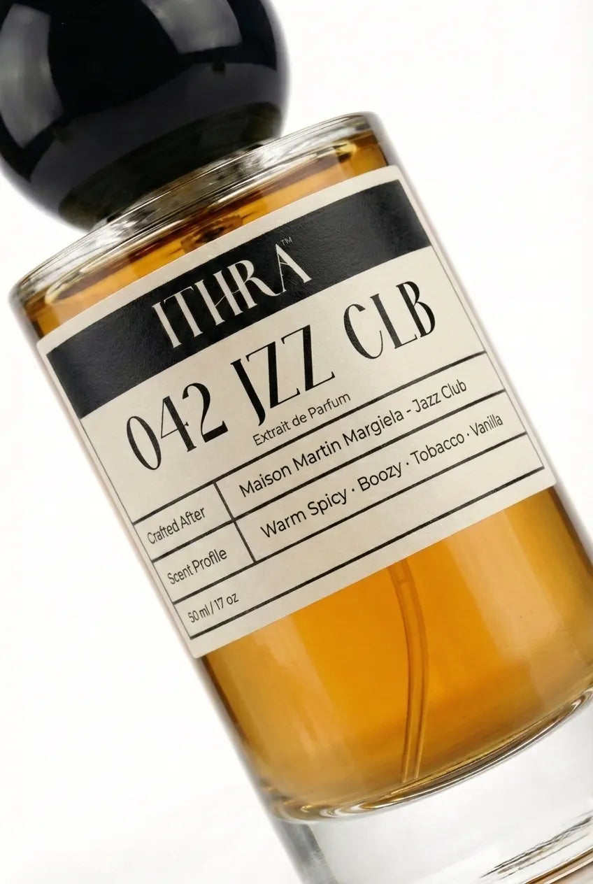 Close-up of 042 JZZ CLB perfume by Ithra, boozy tobacco vanilla warm spicy, available in 50ml and 100ml
