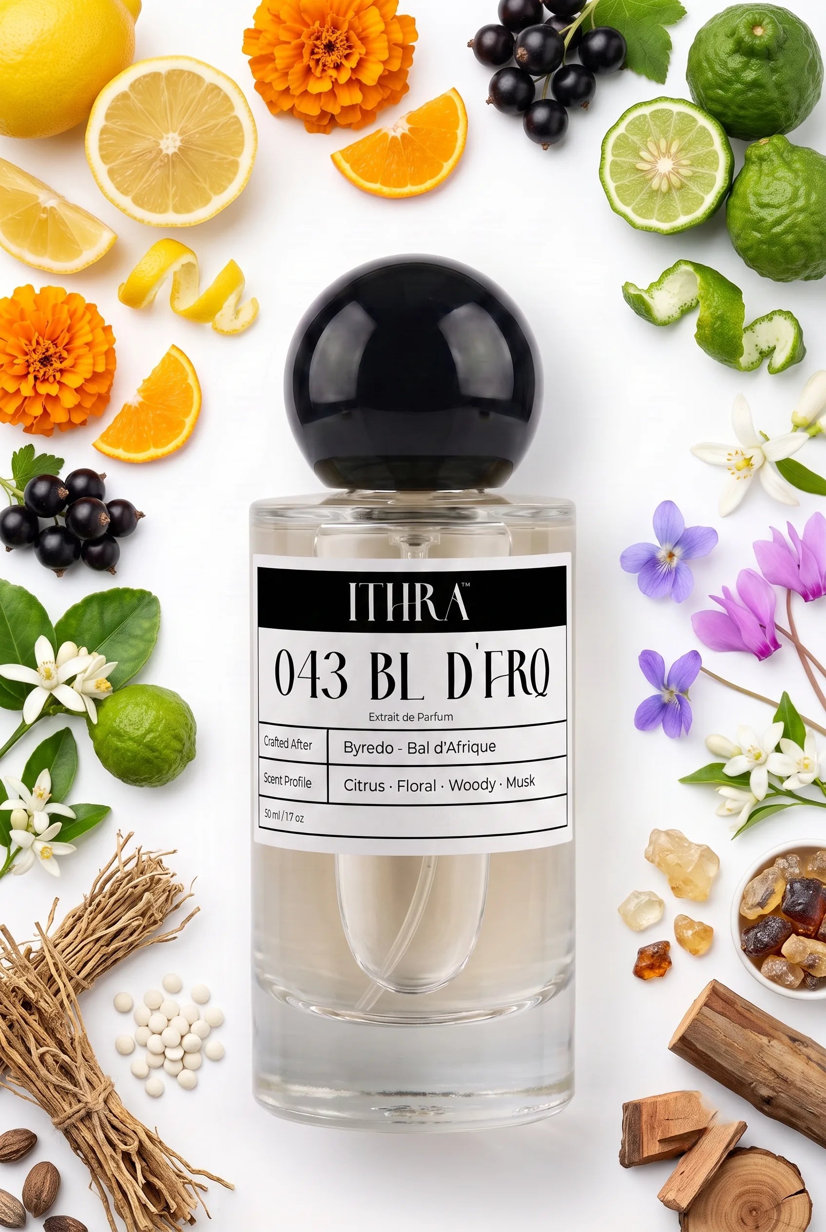 043 BL D'FRQ perfume bottle styled with bergamot, marigold, violet and jasmine fragrance note ingredients, bright, floral, fresh and radiant notes