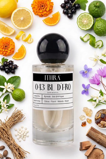 043 BL D'FRQ perfume bottle styled with bergamot, marigold, violet and jasmine fragrance note ingredients, bright, floral, fresh and radiant notes