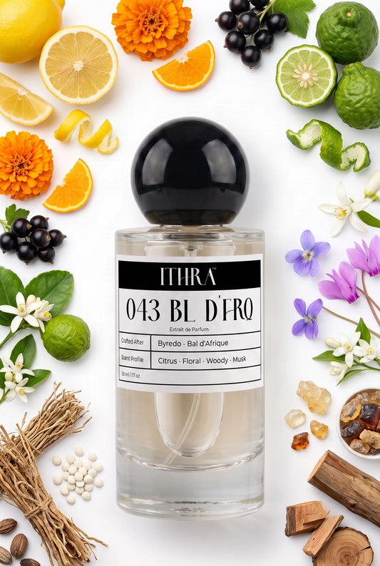 043 BL D'FRQ perfume bottle styled with bergamot, marigold, violet and jasmine fragrance note ingredients, bright, floral, fresh and radiant notes
