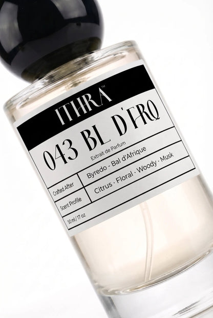 Close-up of 043 BL D'FRQ perfume by Ithra, citrus floral woody musky, available in 50ml and 100ml