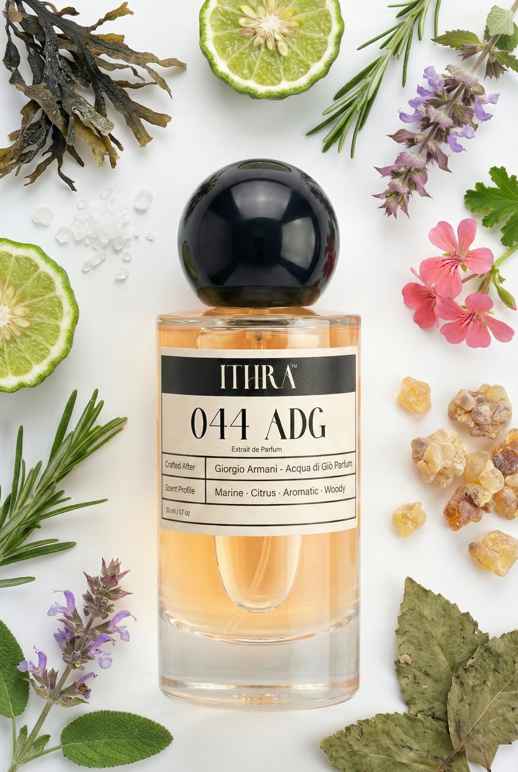 044 ADG perfume bottle styled with aquatic, citrus, and woody fragrance ingredients, airy, invigorating, fresh and radiant notes