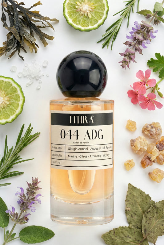 044 ADG perfume bottle styled with aquatic, citrus, and woody fragrance ingredients, airy, invigorating, fresh and radiant notes