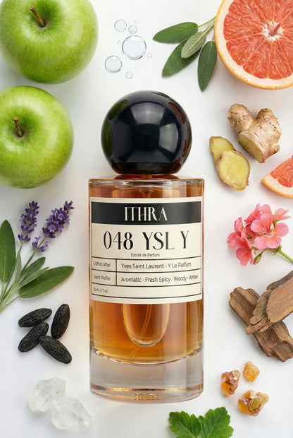 048 Y perfume bottle styled with fresh fougere and aromatic fragrance ingredients, vibrant, clean, fresh and radiant notes