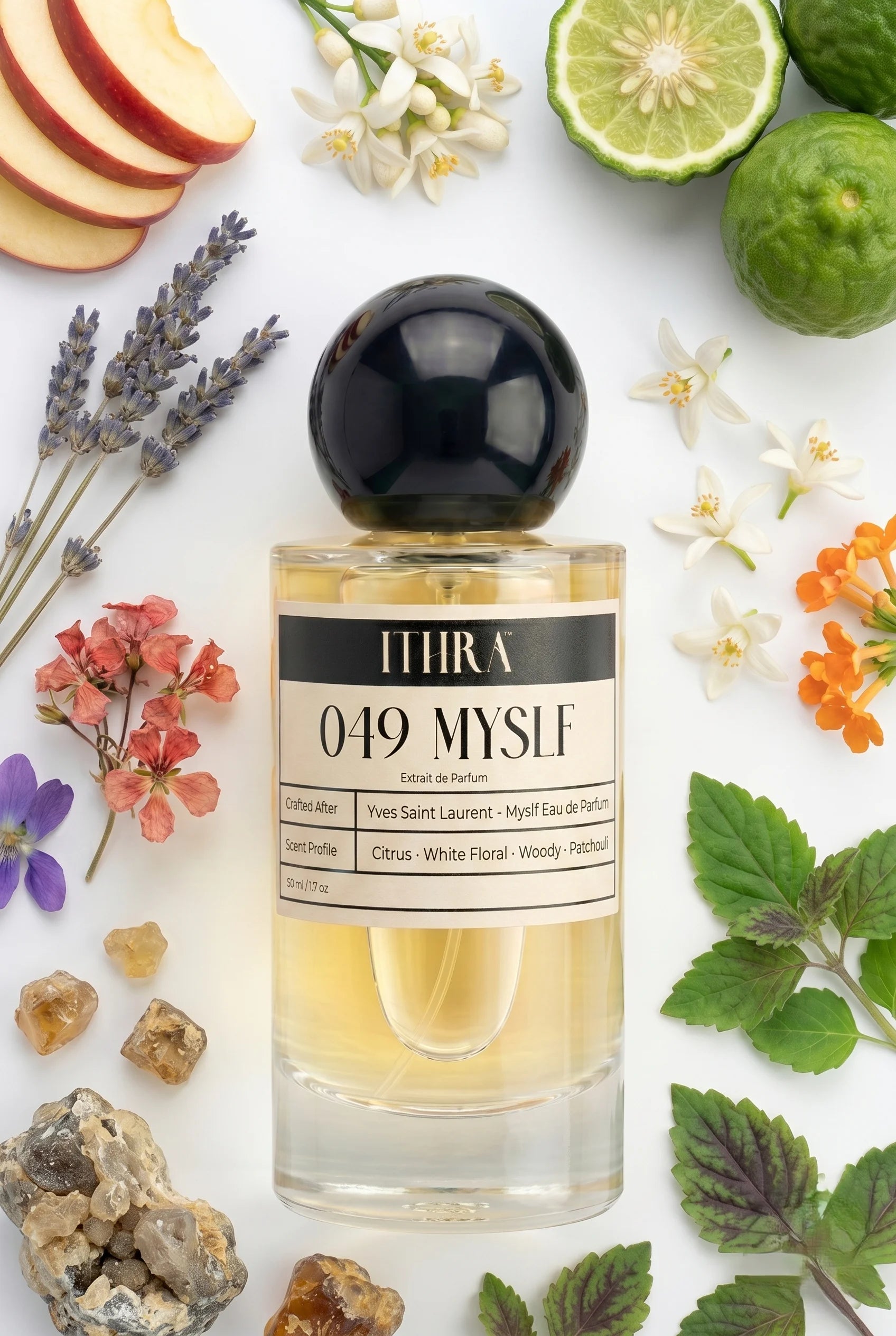 049 MYSLF perfume bottle styled with bergamot, orange blossom and patchouli fragrance ingredients, airy, grounded, fresh and radiant notes