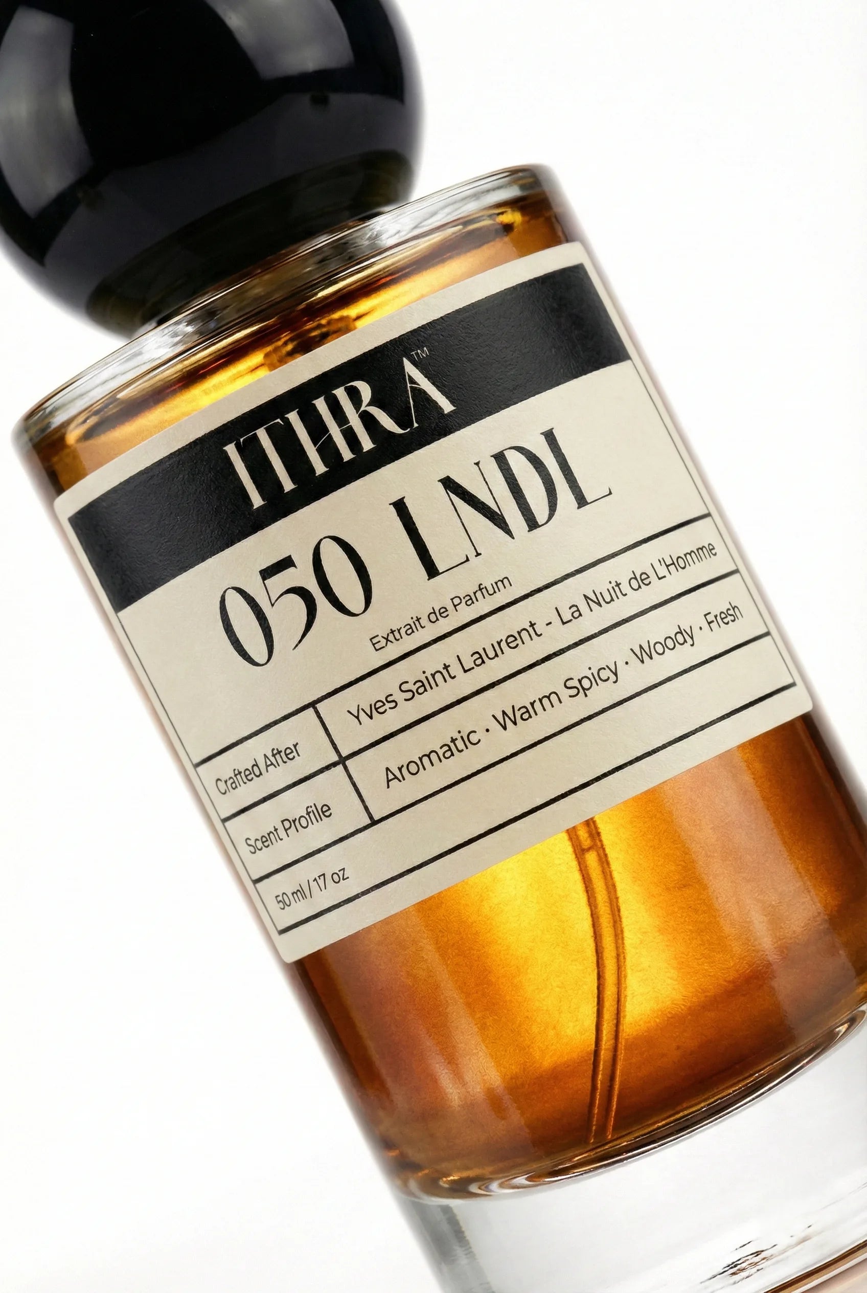 Close-up of 050 LNDL perfume by Ithra Perfumes, aromatic warm spicy woody fresh fragrance, available in 50ml and 100ml