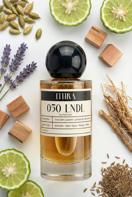 050 LNDL perfume bottle styled with warm spicy and woody fragrance ingredients, smooth, captivating, deep and sensual notes