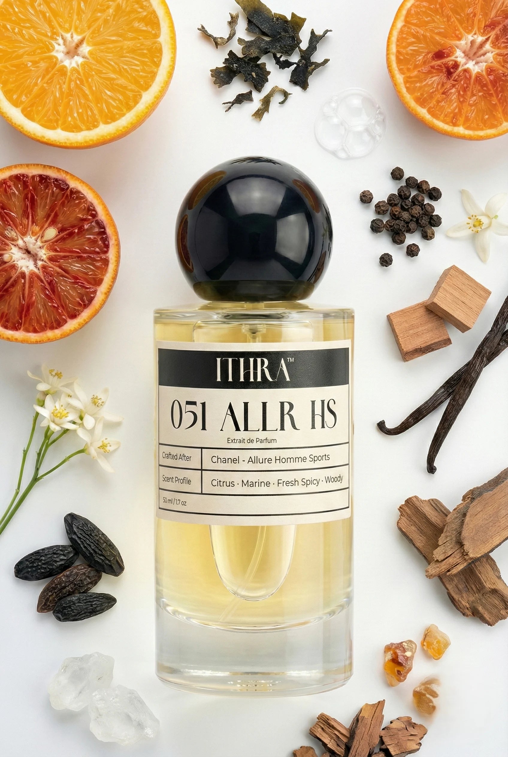 051 ALLR HS perfume bottle styled with spicy aromatic and woody fragrance ingredients, lively, fresh and radiant notes