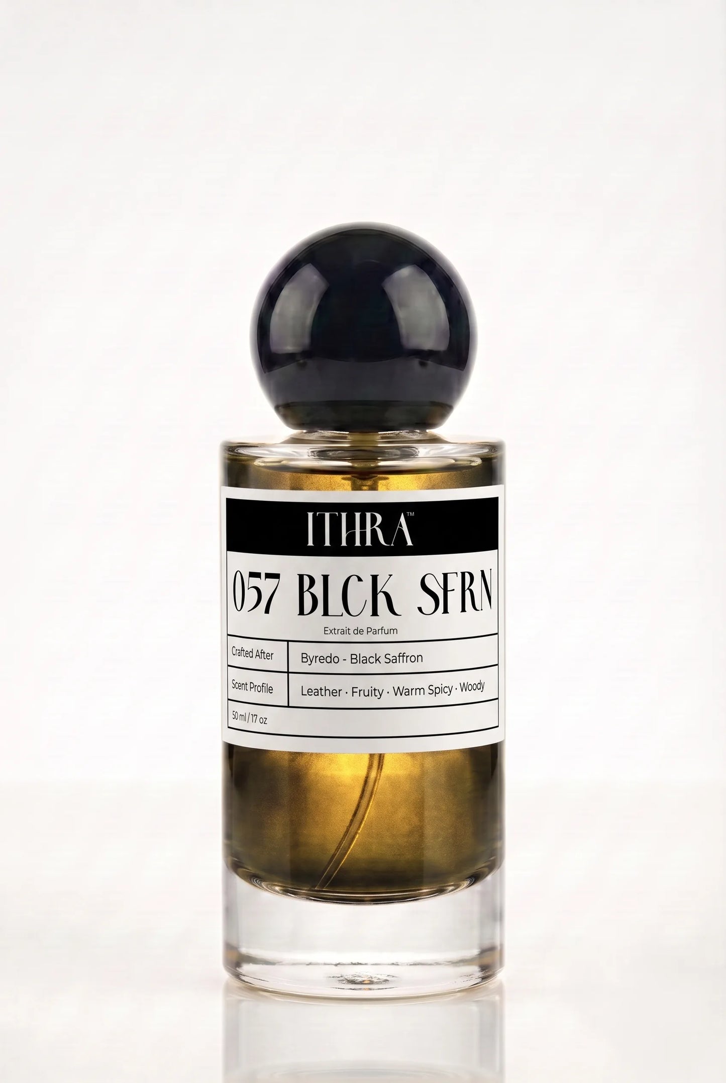 057 BLCK SFRN leather saffron fruity warm spicy unisex perfume by Ithra, bold and golden