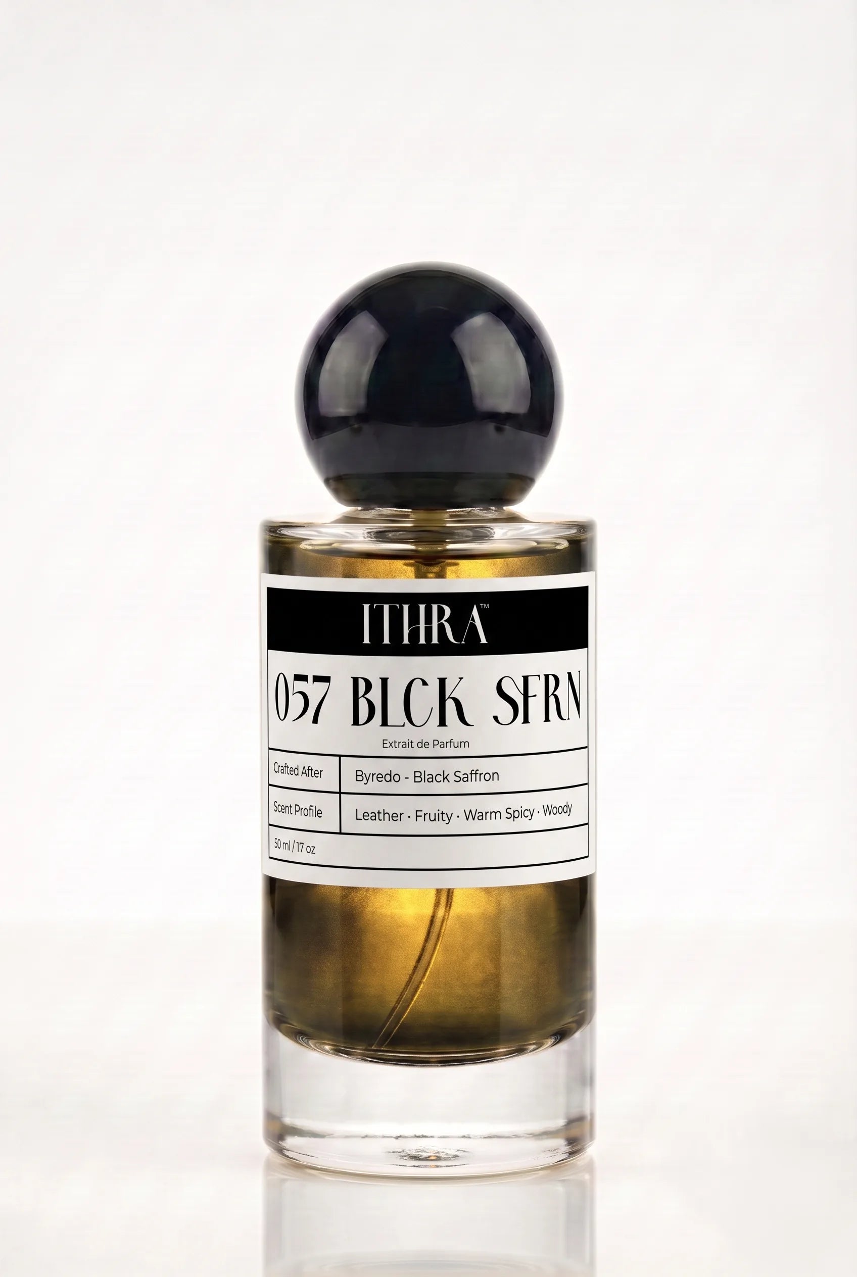 057 BLCK SFRN leather saffron fruity warm spicy unisex perfume by Ithra, bold and golden