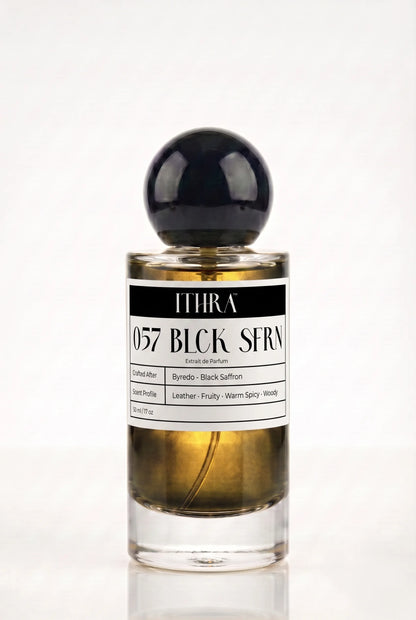 057 BLCK SFRN leather saffron fruity warm spicy unisex perfume by Ithra, bold and golden
