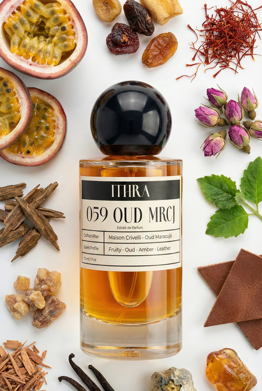 059 OUD MRCJ perfume bottle styled with passionfruit and leather fragrance ingredients, intense, distinctive, deep and sensual notes