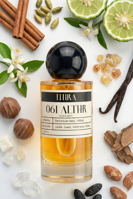 061 ALTHR perfume bottle styled with vanilla, spice, and sweet fragrance ingredients, creamy, comforting, soft and alluring notes 