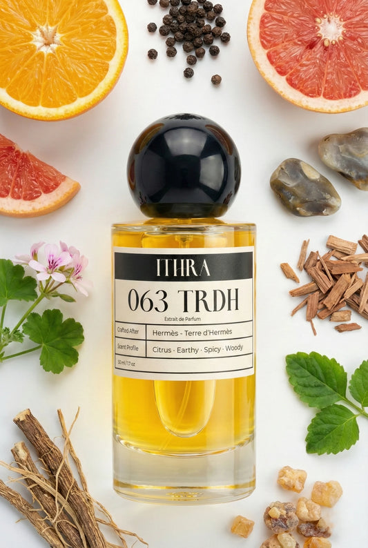 063 TRDH perfume bottle styled with earthy woody and spicy fragrance ingredients, dry, textured, earthy and refined notes