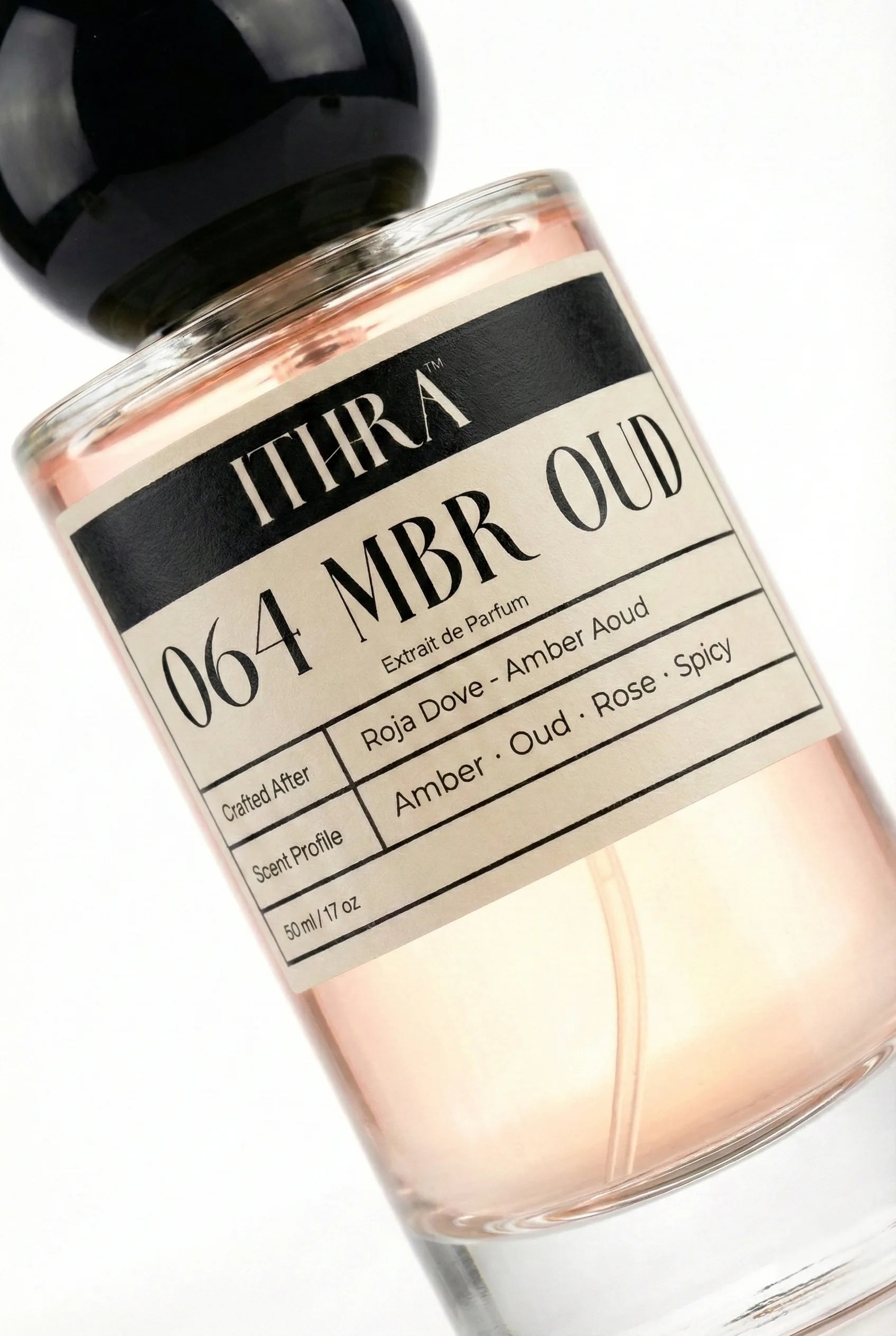 Close-up of 064 MBR OUD perfume by Ithra Perfumes, amber oud rose spicy fragrance, available in 50ml and 100ml