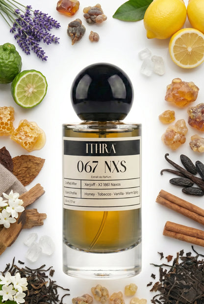 067 NXS perfume bottle styled with honey, tobacco leaf, lavender and vanilla fragrance ingredients, warm, creamy, soft and alluring notes