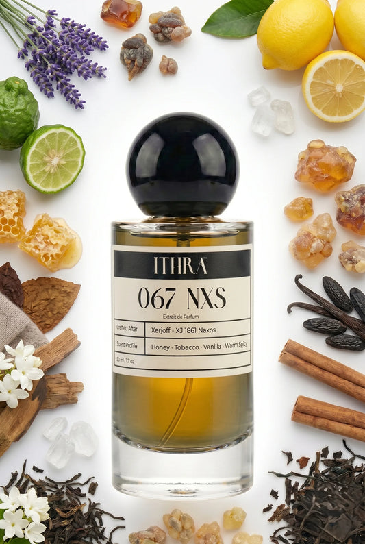 067 NXS perfume bottle styled with honey, tobacco leaf, lavender and vanilla fragrance ingredients, warm, creamy, soft and alluring notes