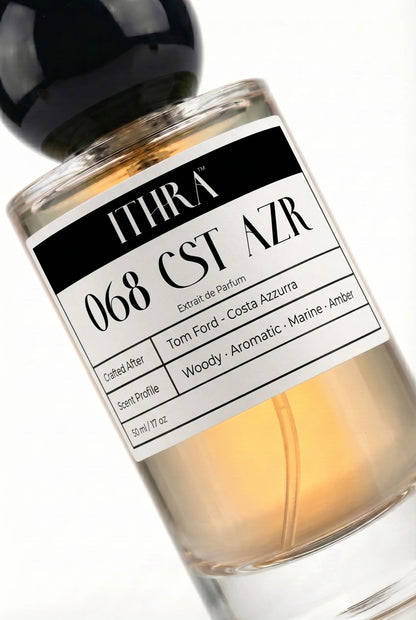 Close-up of 068 CST AZR perfume label by Ithra, marine aromatic woody amber, available in 50ml and 100ml
