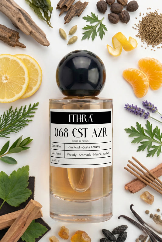 068 CST AZR perfume bottle styled with seaweed, cypress, lavender and vetiver fragrance ingredients, saline, grounding, fresh and radiant notes