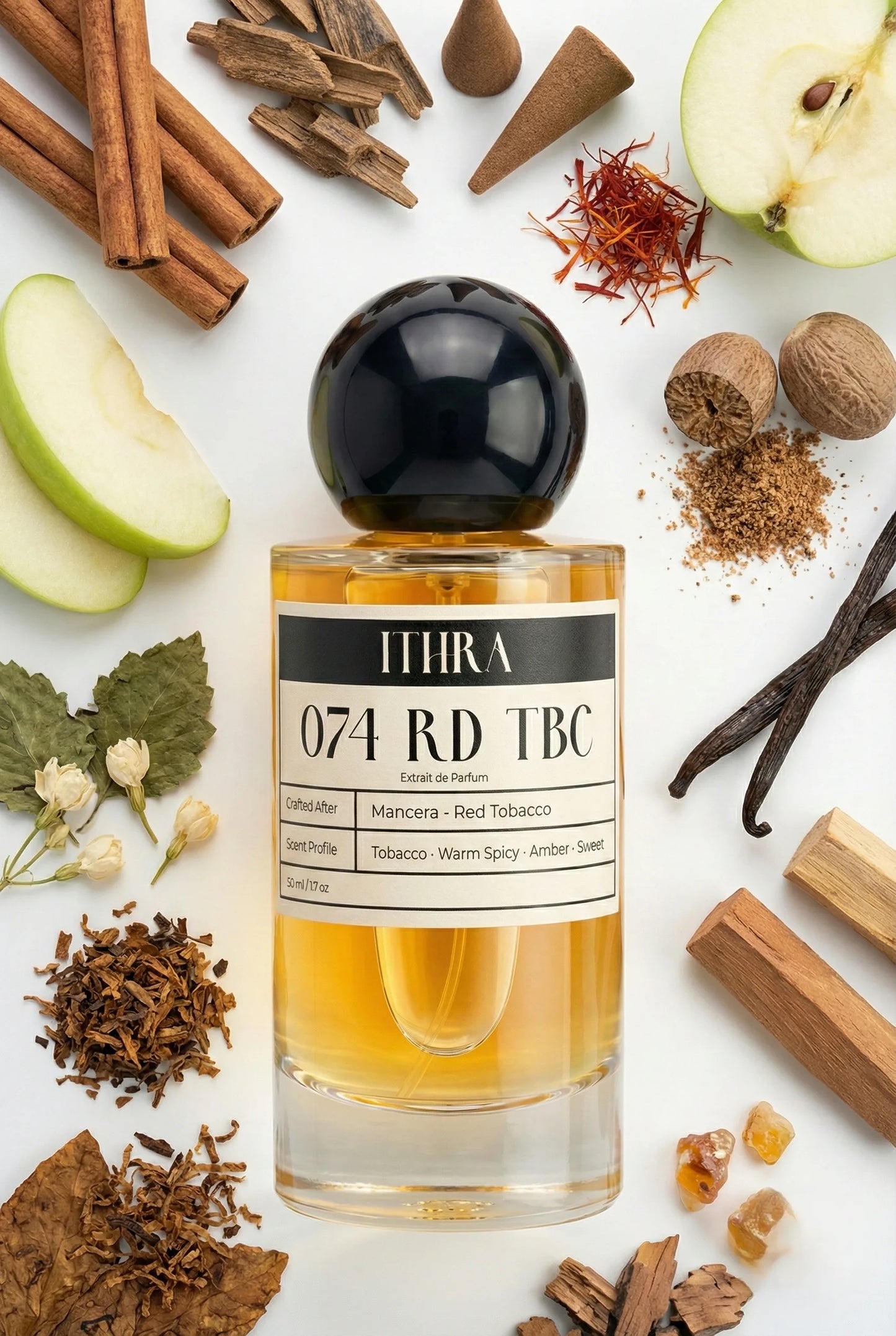 074 RD TBC perfume bottle styled with woody, spicy, vanilla, and tobacco fragrance ingredients, dark, powerful, deep and sensual notes