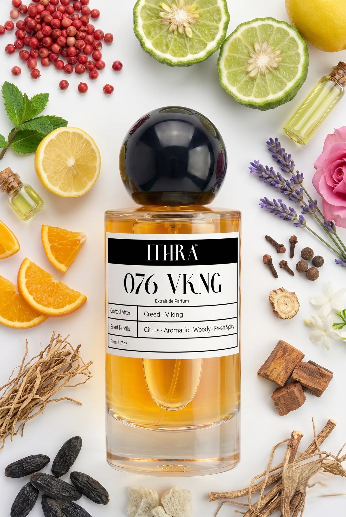 076 VKNG perfume bottle styled with bergamot, lavender, Bulgarian rose and vetiver fragrance ingredients, commanding, fresh and radiant notes