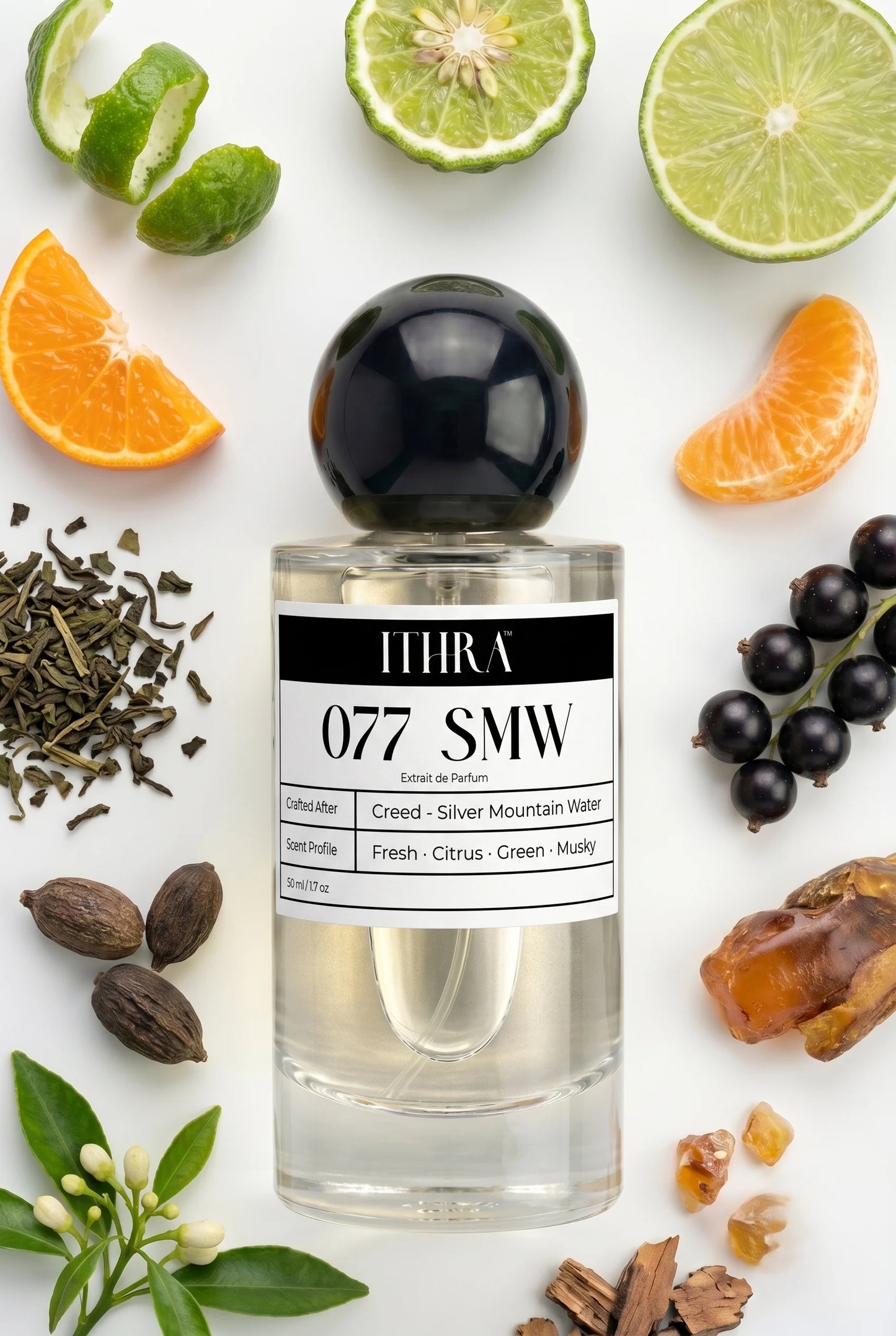077 SMW perfume bottle styled with bergamot, green tea, black currant and sandalwood fragrance ingredients, crisp, airy, fresh and radiant notes