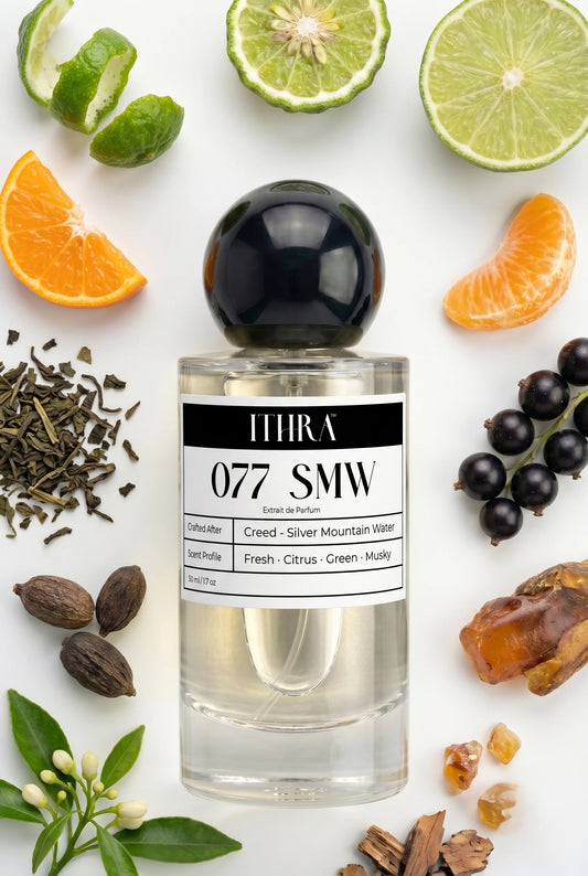 077 SMW perfume bottle styled with bergamot, green tea, black currant and sandalwood fragrance ingredients, crisp, airy, fresh and radiant notes